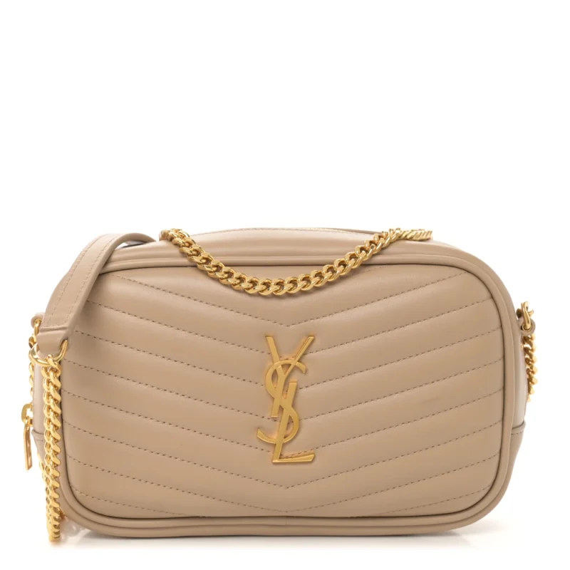 SAINT LAURENT MINI LOU CAMERA BAG DARK BEIGE MONOGRAM GRAIN DE POUDRE MATELASSE LEATHER GOLD HARDWARE