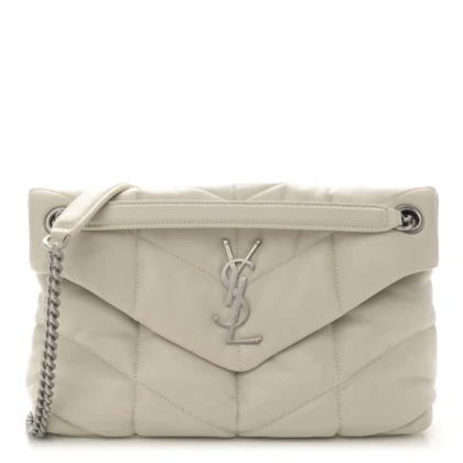 SAINT LAURENT MINI LOULOU CHAIN SATCHEL CREMA SOFT QUILTED PUFFER MONOGRAM LAMBSKIN LEATHER AGED GOLD HARDWARE
