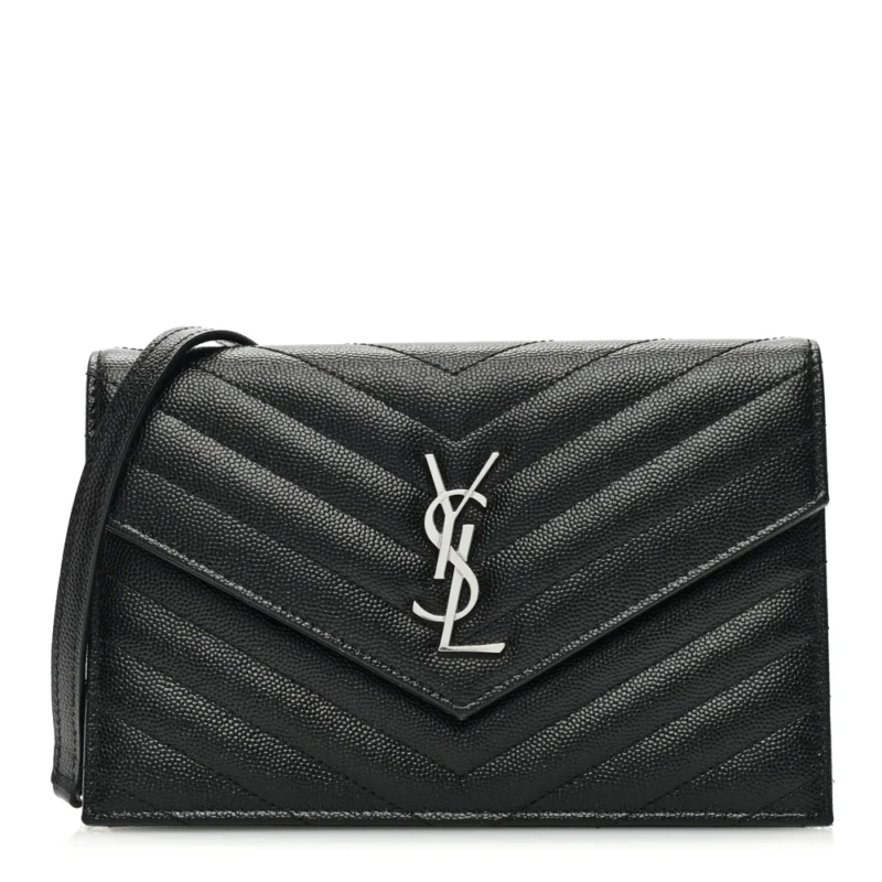 SAINT LAURENT SMALL ENVELOPE CHAIN WALLET BLACK CHEVRON MONOGRAM GRAIN DE POUDRE MATELASSE LEATHER SILVER HARDWARE