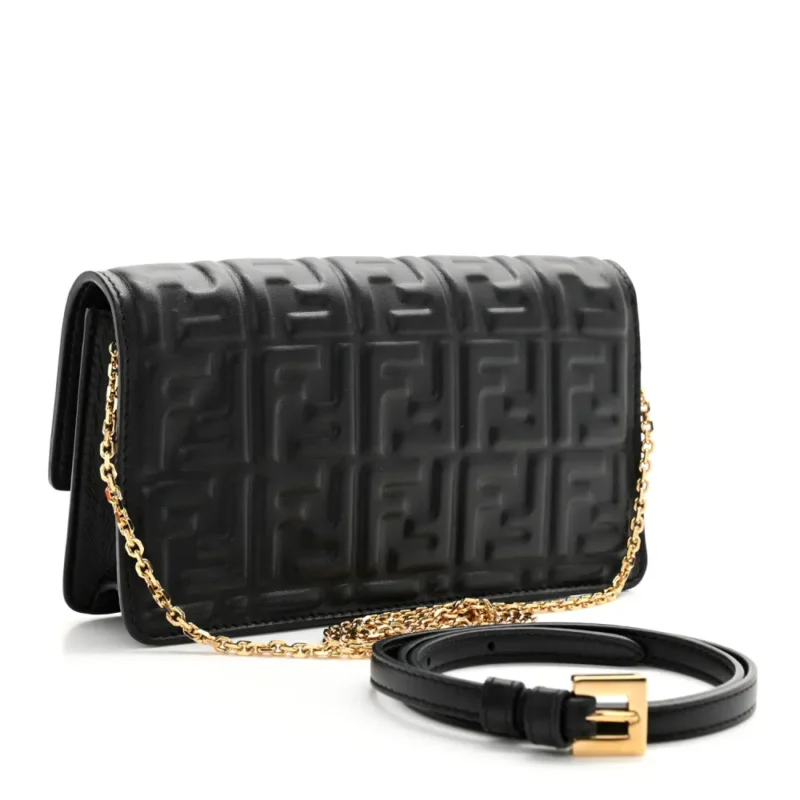 FENDI FF EMBOSSED WALLET ON CHAIN (WOC) BLACK MATISSE NAPPA LEATHER LIGHT GOLD HARDWARE - Image 3
