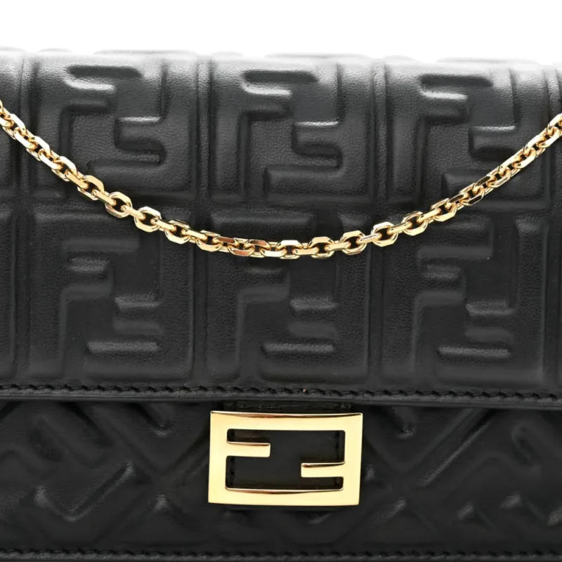 FENDI FF EMBOSSED WALLET ON CHAIN (WOC) BLACK MATISSE NAPPA LEATHER LIGHT GOLD HARDWARE - Image 9