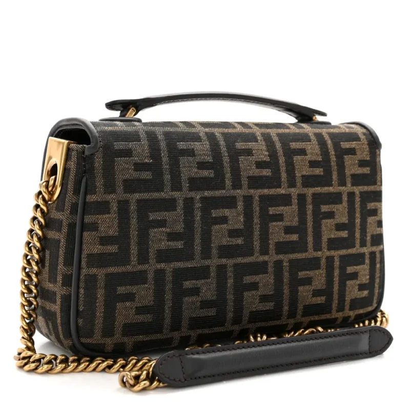 FENDI FF 1974 MIDI CHAIN BAGUETTE TOBACCO/MORO JACQUARD FABRIC AGED GOLD HARDWARE - Image 3