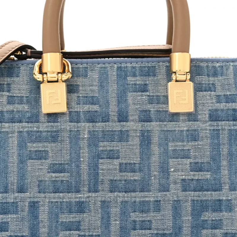 FENDI FF MINI BY THE WAY TOP HANDLE BOSTON BAG TORTORA/NUVOLA DENIM & KING VITELLO LEATHER GOLD HARDWARE - Image 10