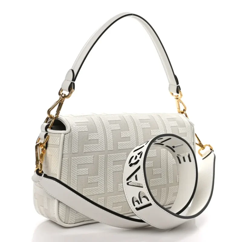 FENDI EXTRA STRAP FF EMBROIDERED BAGUETTE WHITE ICE CANVAS & KING VITELLO LEATHER GOLD HARDWARE - Image 3