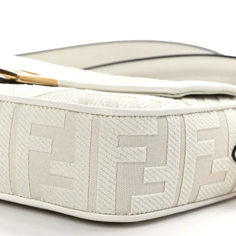 FENDI EXTRA STRAP FF EMBROIDERED BAGUETTE WHITE ICE CANVAS & KING VITELLO LEATHER GOLD HARDWARE - Image 5