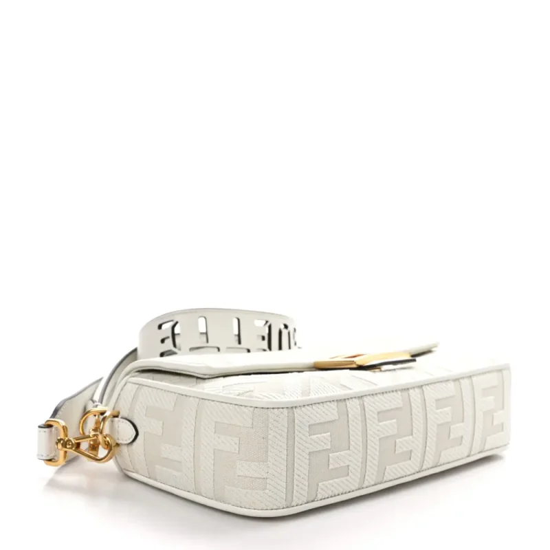 FENDI EXTRA STRAP FF EMBROIDERED BAGUETTE WHITE ICE CANVAS & KING VITELLO LEATHER GOLD HARDWARE - Image 6