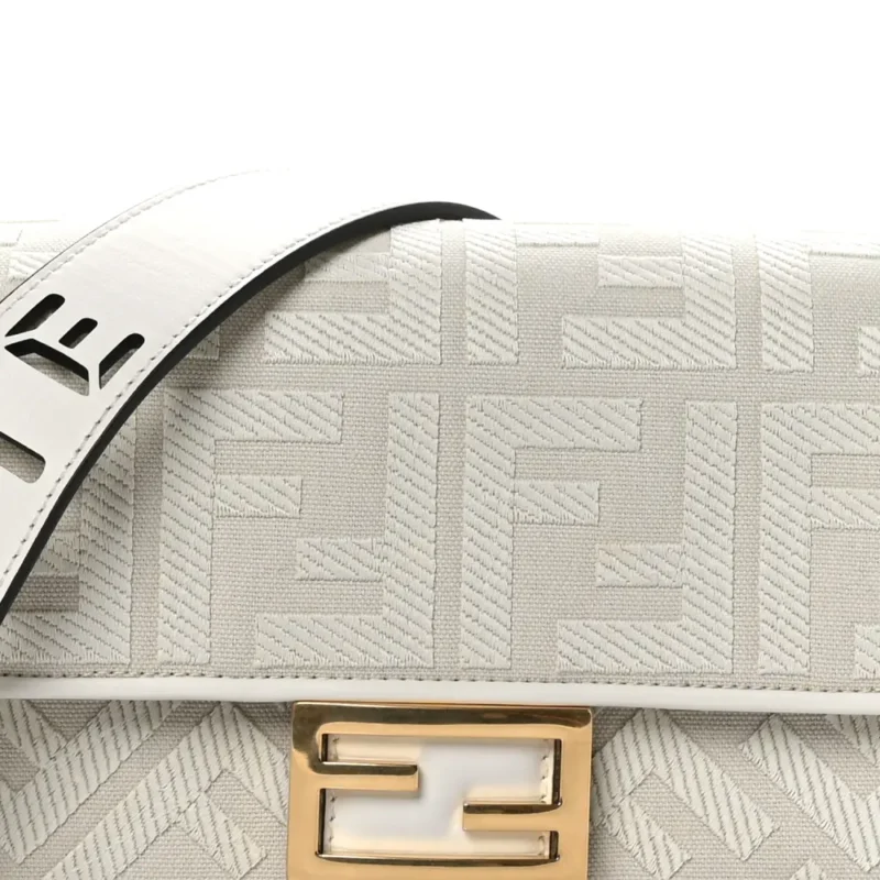 FENDI EXTRA STRAP FF EMBROIDERED BAGUETTE WHITE ICE CANVAS & KING VITELLO LEATHER GOLD HARDWARE - Image 9