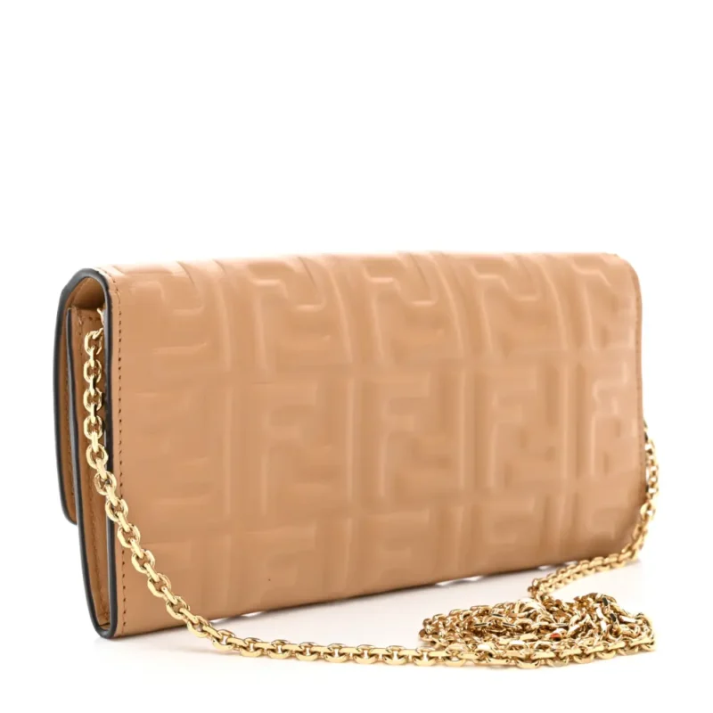 FENDI FF EMBOSSED CONTINENTAL WALLET ON CHAIN (WOC) MATISSE NAPPA LEATHER MIELE SCURO GOLD HARDWARE - Image 4