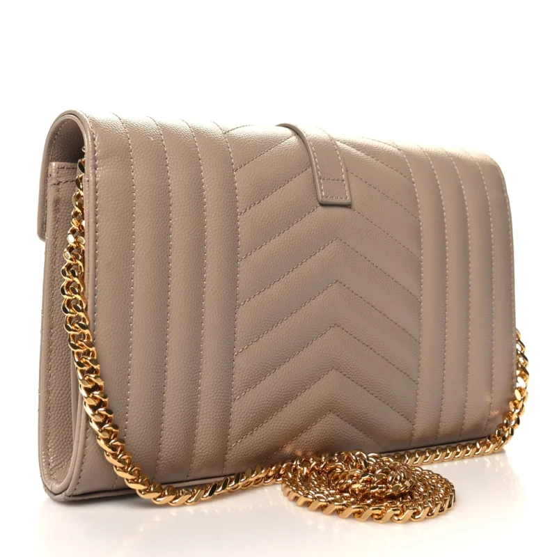 SAINT LAURENT SMALL CHAIN WALLET DARK BEIGE TRIQUILT MONOGRAM GRAIN DE POUDRE MIXED MATELASSE LEATHER GOLD HARDWARE - Image 3