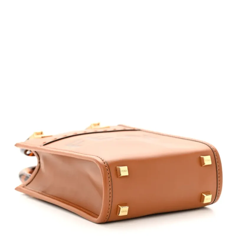 FENDI MINI LOGO EMBOSSED FENDI SUNSHINE SHOPPER TOTE CUOIO KING VITELLO LEATHER & PLEXIGLASS GOLD HARDWARE - Image 7