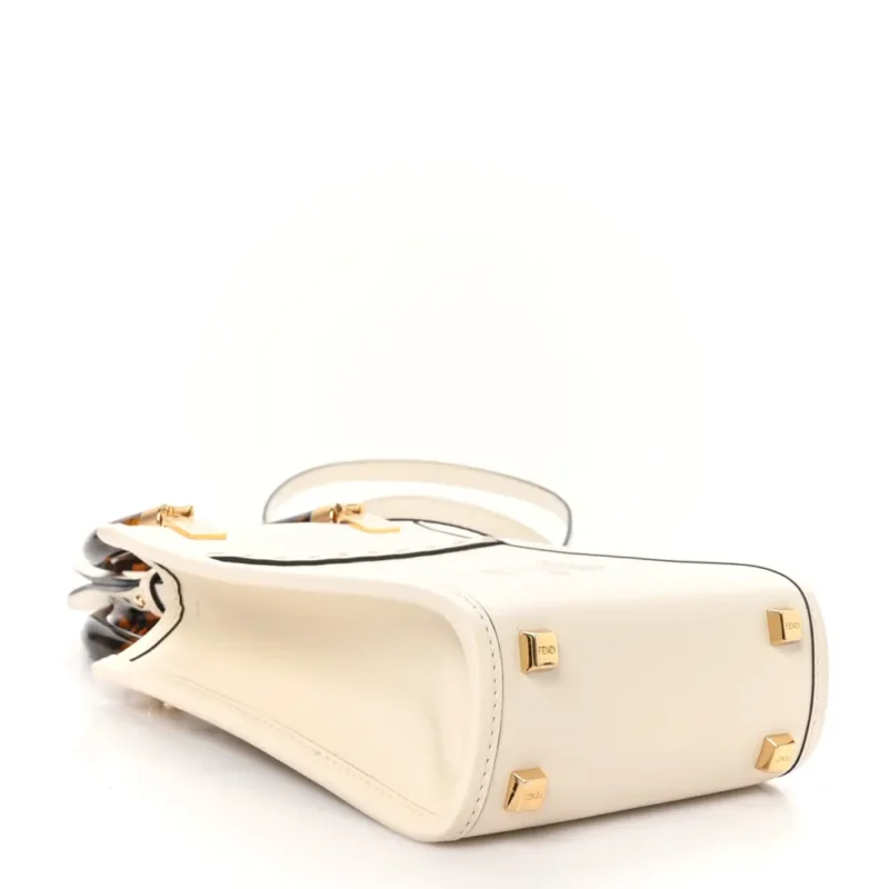 FENDI MINI LOGO EMBOSSED SUNSHINE SHOPPER TOTE WHITE ICE KING VITELLO LEATHER & PLEXIGLASS GOLD HARDWARE - Image 6