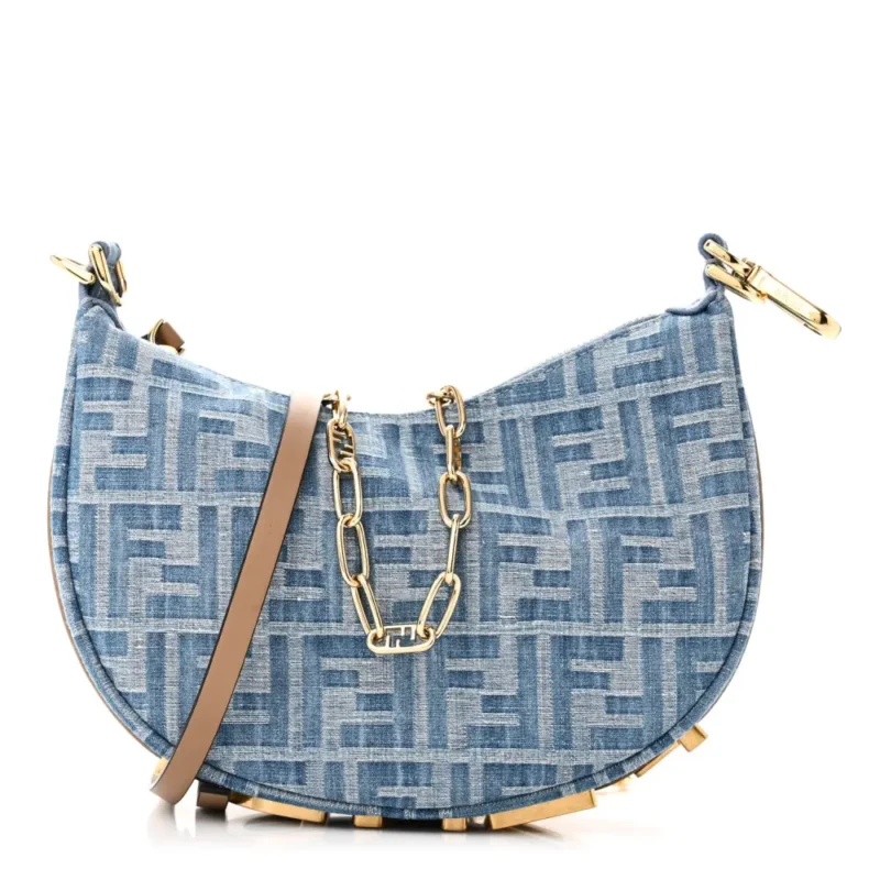 FENDI MINI FF EMBROIDERED FENDIGRAPHY HOBO BAG BLUE/SAND DENIM & KING VITELLO LEATHER GOLD HARDWARE
