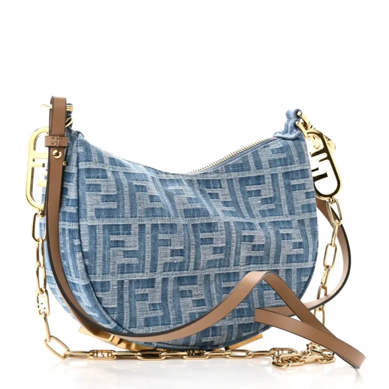 FENDI MINI FF EMBROIDERED FENDIGRAPHY HOBO BAG BLUE/SAND DENIM & KING VITELLO LEATHER GOLD HARDWARE - Image 3
