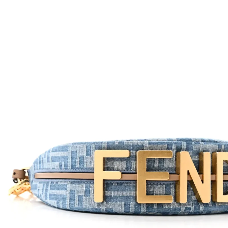FENDI MINI FF EMBROIDERED FENDIGRAPHY HOBO BAG BLUE/SAND DENIM & KING VITELLO LEATHER GOLD HARDWARE - Image 4