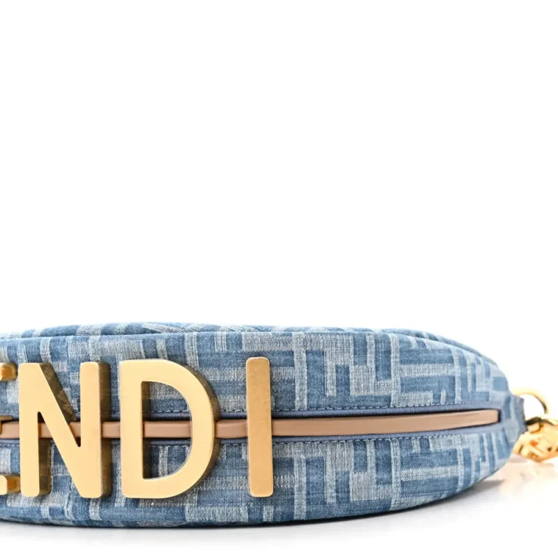 FENDI MINI FF EMBROIDERED FENDIGRAPHY HOBO BAG BLUE/SAND DENIM & KING VITELLO LEATHER GOLD HARDWARE - Image 5