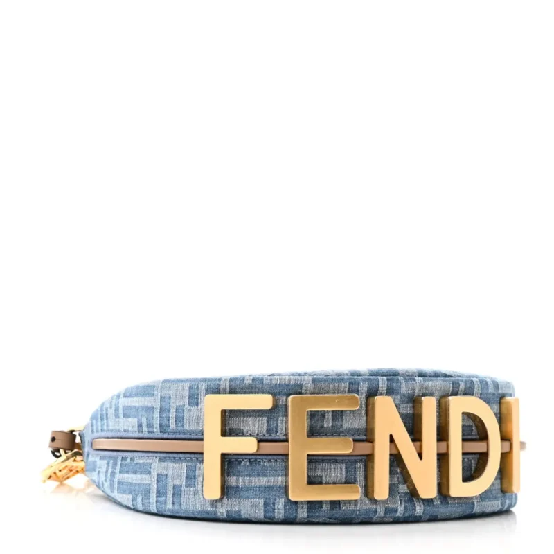 FENDI MINI FF EMBROIDERED FENDIGRAPHY HOBO BAG BLUE/SAND DENIM & KING VITELLO LEATHER GOLD HARDWARE - Image 6