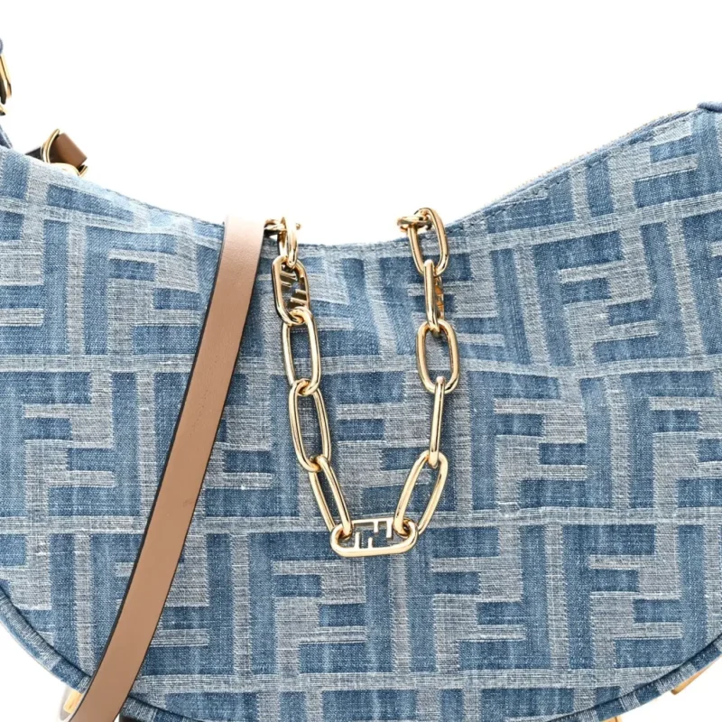 FENDI MINI FF EMBROIDERED FENDIGRAPHY HOBO BAG BLUE/SAND DENIM & KING VITELLO LEATHER GOLD HARDWARE - Image 9