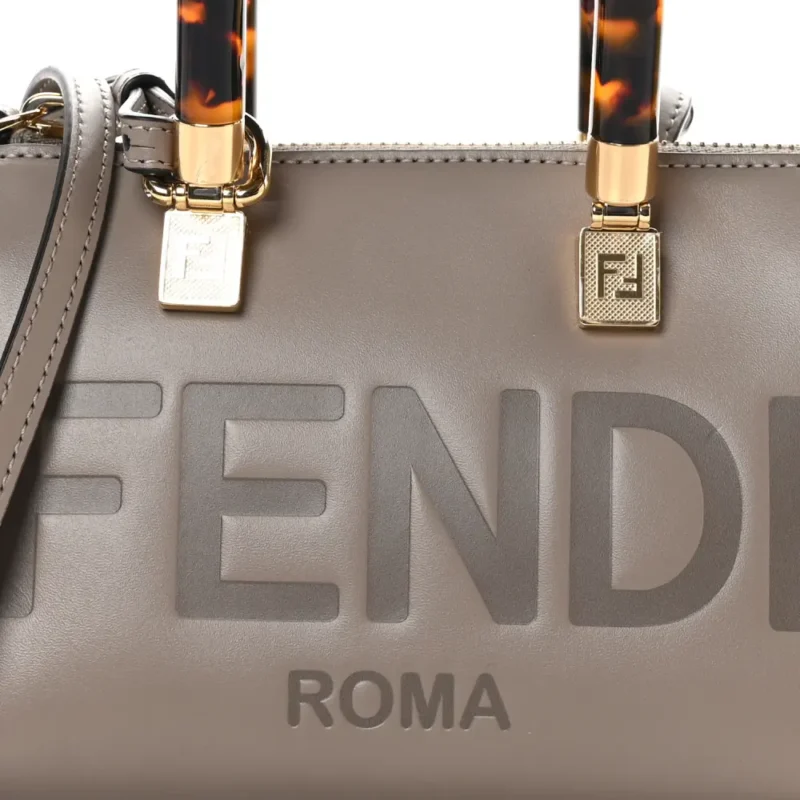 FENDI MINI LOGO EMBOSSED BY THE WAY TOP HANDLE BOSTON BAG DARK GREY KING VITELLO LEATHER & PLEXIGLASS GOLD HARDWARE - Image 2