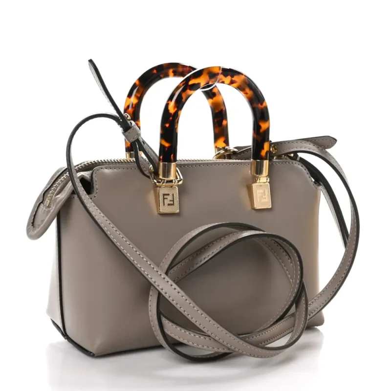 FENDI MINI LOGO EMBOSSED BY THE WAY TOP HANDLE BOSTON BAG DARK GREY KING VITELLO LEATHER & PLEXIGLASS GOLD HARDWARE - Image 4