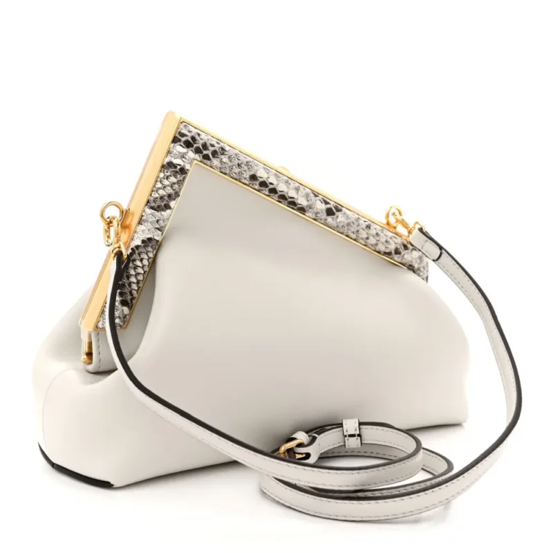FENDI SMALL FENDI FIRST WHITE/ROCCIA SHINY NAPPA & SNAKESKIN LEATHER GOLD HARDWARE - Image 3