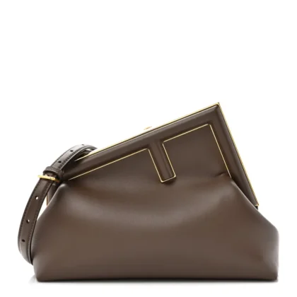 FENDI MIDI FENDI FIRST DARK COFFEE SHINY NAPPA LEATHER GOLD HARDWARE