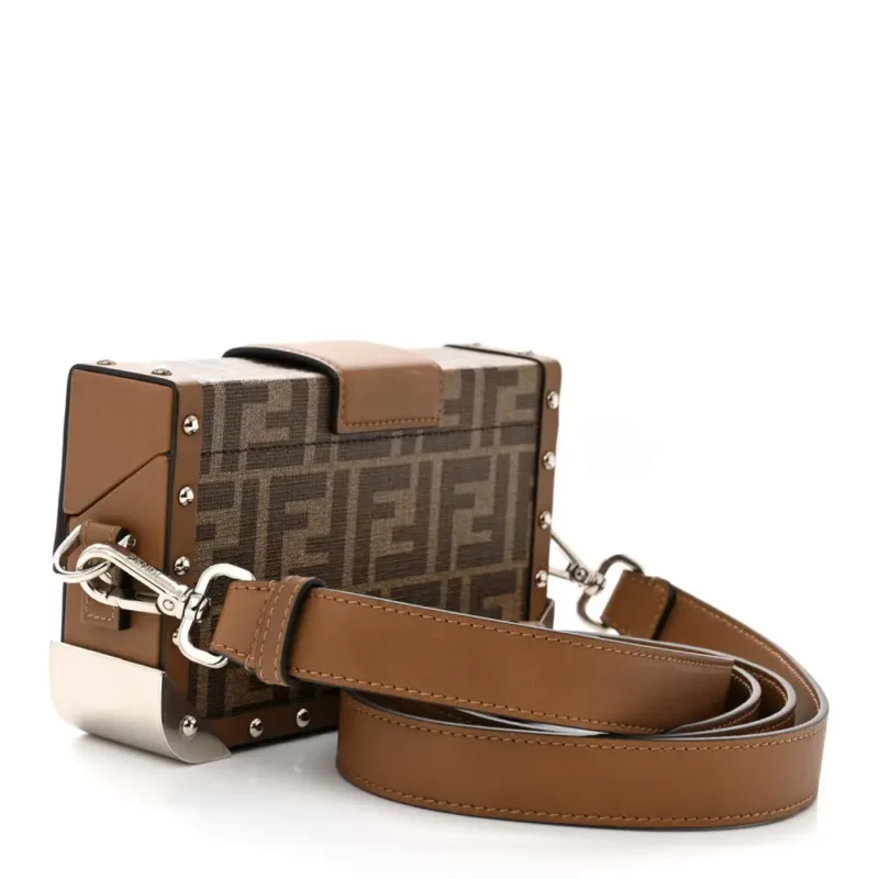 FENDI MINI FF 1974 BAGUETTE TRUNK MOGANO/PANNA/CUOIO SHINY GLAZED FABRIC & VACHETTA LEATHER SILVER HARDWARE - Image 3