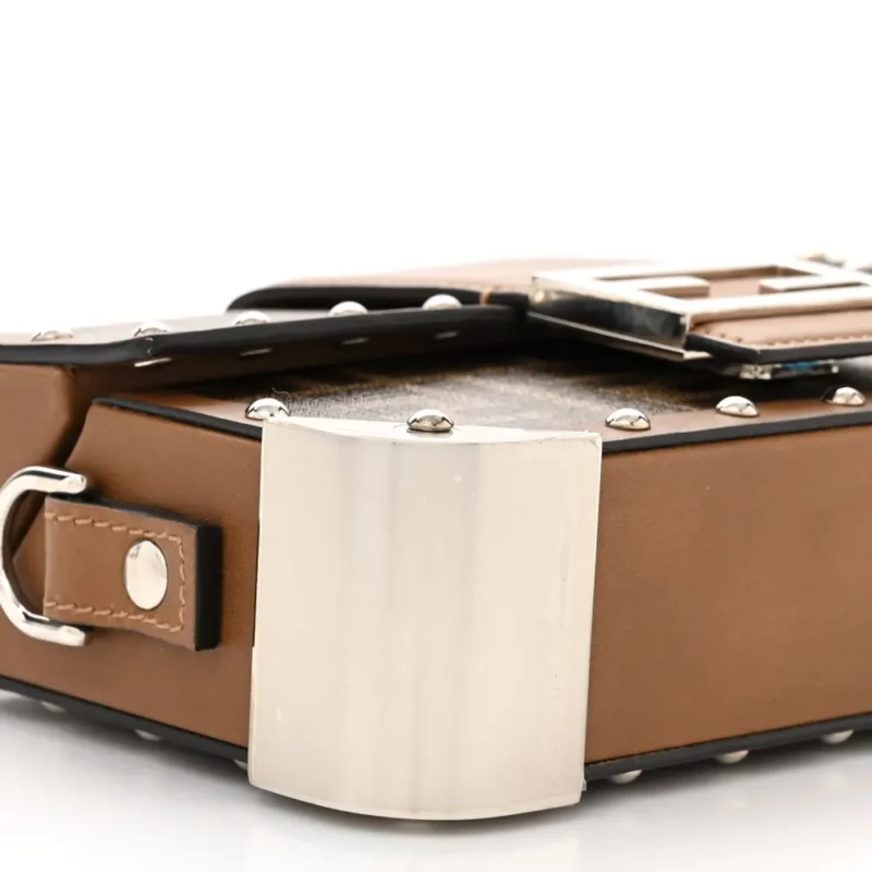 FENDI MINI FF 1974 BAGUETTE TRUNK MOGANO/PANNA/CUOIO SHINY GLAZED FABRIC & VACHETTA LEATHER SILVER HARDWARE - Image 4