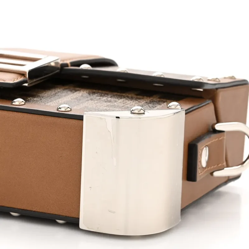 FENDI MINI FF 1974 BAGUETTE TRUNK MOGANO/PANNA/CUOIO SHINY GLAZED FABRIC & VACHETTA LEATHER SILVER HARDWARE - Image 5