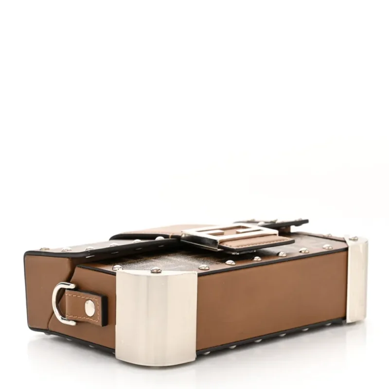 FENDI MINI FF 1974 BAGUETTE TRUNK MOGANO/PANNA/CUOIO SHINY GLAZED FABRIC & VACHETTA LEATHER SILVER HARDWARE - Image 6