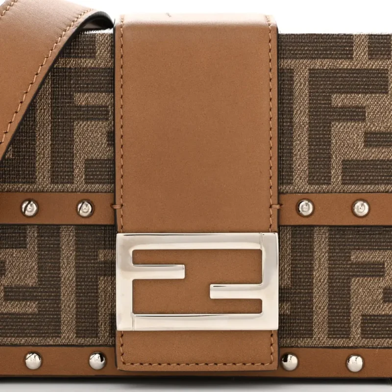 FENDI MINI FF 1974 BAGUETTE TRUNK MOGANO/PANNA/CUOIO SHINY GLAZED FABRIC & VACHETTA LEATHER SILVER HARDWARE - Image 9