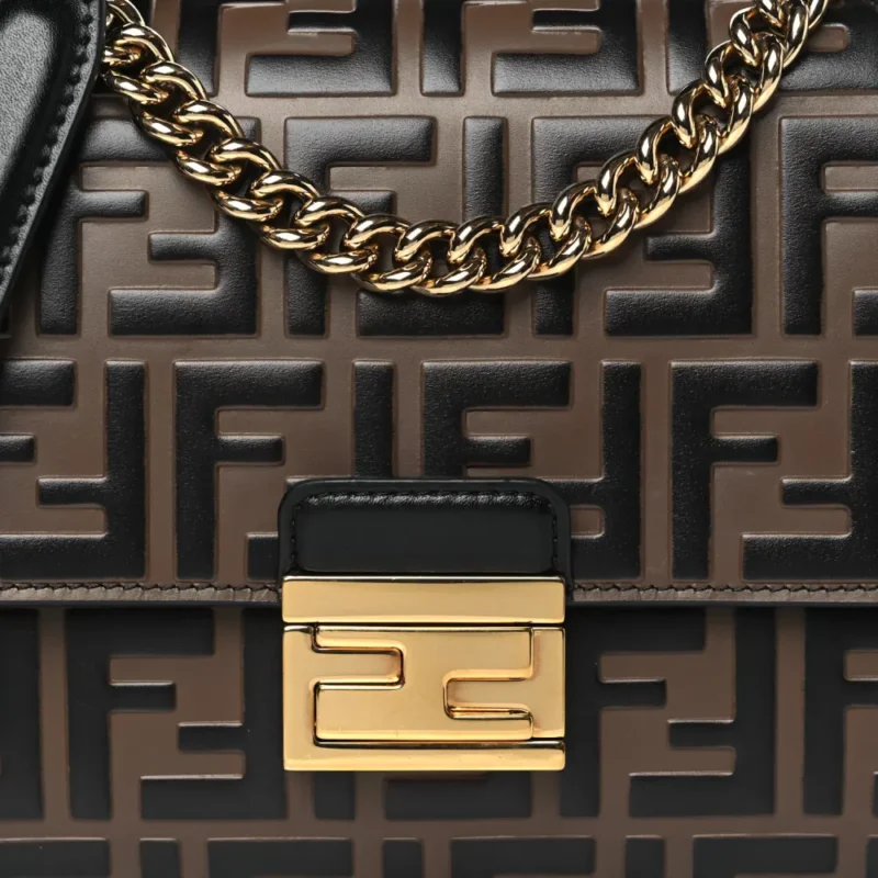 FENDI SMALL FF 1974 EMBOSSED KAN U SHOULDER BAG MAYA/BLACK BI-COLOR LIBERTY VITELLO LEATHER GOLD HARDWARE - Image 9