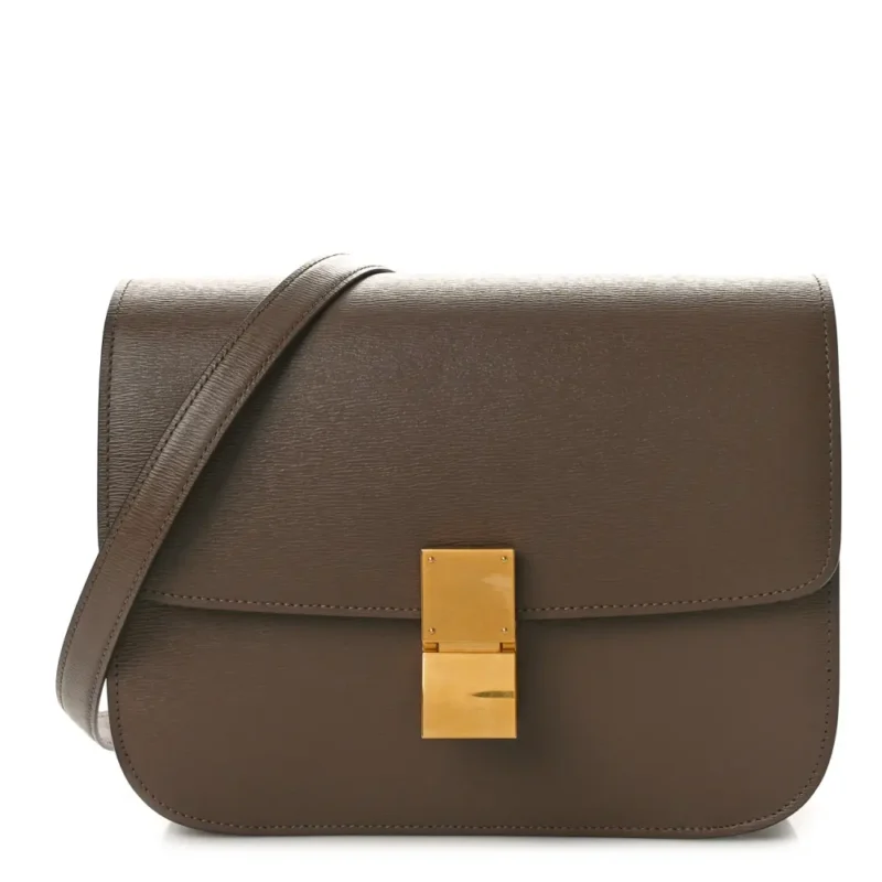 CELINE MEDIUM CLASSIC BOX FLAP BAG GLAZED NUT LIEGE CALFSKIN LEATHER GOLD HARDWARE