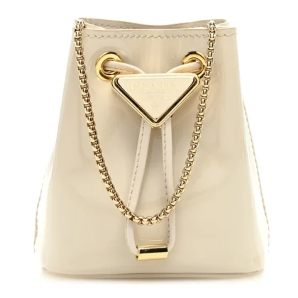 PRADA MINI METAL TRIANGLE LOGO DRAWCORD POUCH SHOULDER BAG AVORIO VERNICE LEATHER GOLD HARDWARE