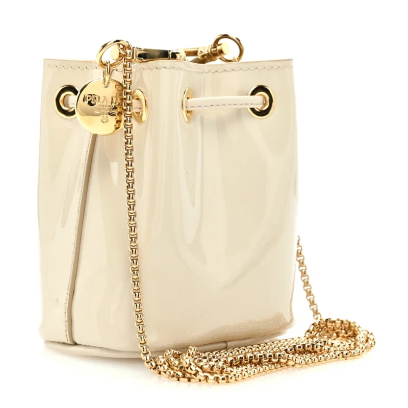 PRADA MINI METAL TRIANGLE LOGO DRAWCORD POUCH SHOULDER BAG AVORIO VERNICE LEATHER GOLD HARDWARE - Image 3