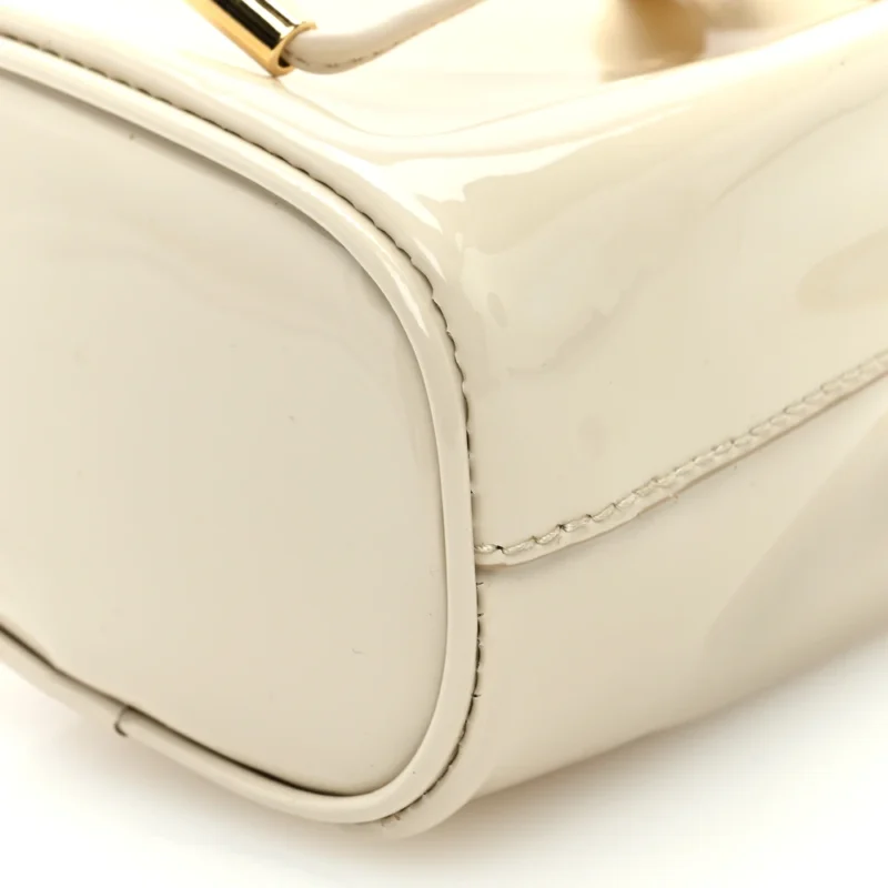 PRADA MINI METAL TRIANGLE LOGO DRAWCORD POUCH SHOULDER BAG AVORIO VERNICE LEATHER GOLD HARDWARE - Image 5