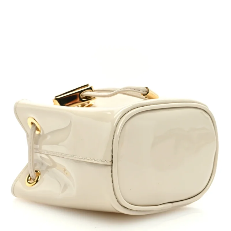 PRADA MINI METAL TRIANGLE LOGO DRAWCORD POUCH SHOULDER BAG AVORIO VERNICE LEATHER GOLD HARDWARE - Image 6