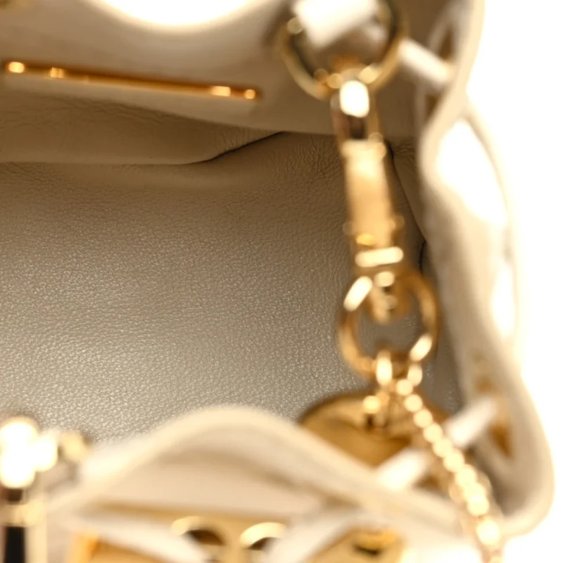 PRADA MINI METAL TRIANGLE LOGO DRAWCORD POUCH SHOULDER BAG AVORIO VERNICE LEATHER GOLD HARDWARE - Image 7