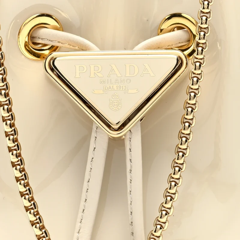 PRADA MINI METAL TRIANGLE LOGO DRAWCORD POUCH SHOULDER BAG AVORIO VERNICE LEATHER GOLD HARDWARE - Image 8