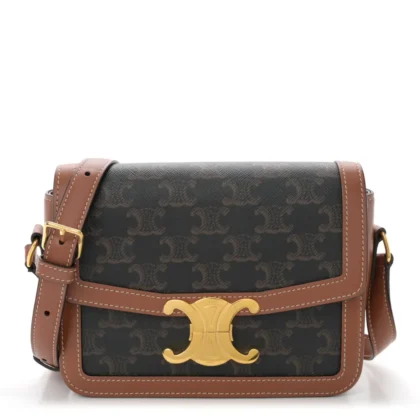 CELINE TEEN TRIOMPHE BAG MEDIUM TAN CALFSKIN LEATHER & TRIOMPHE CANVAS GOLD HARDWARE