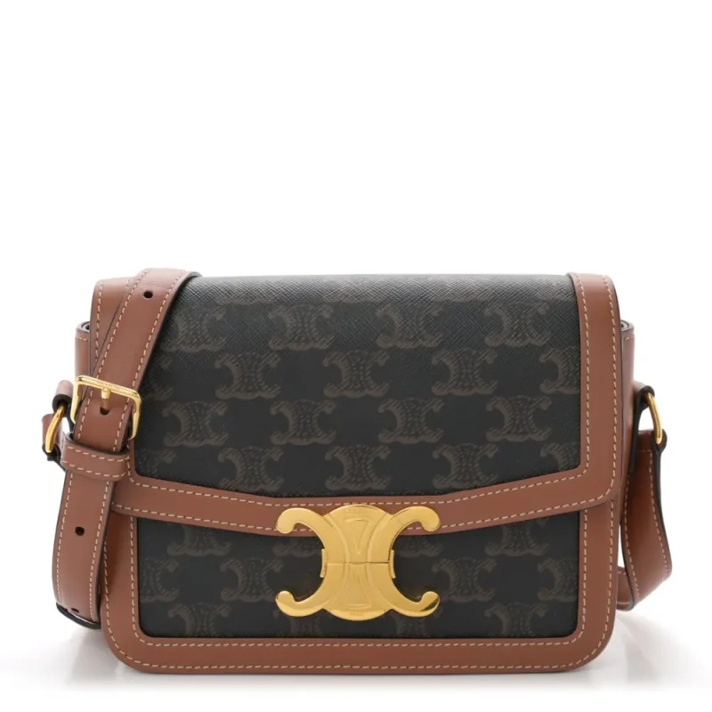 CELINE TEEN TRIOMPHE BAG MEDIUM TAN CALFSKIN LEATHER & TRIOMPHE CANVAS GOLD HARDWARE