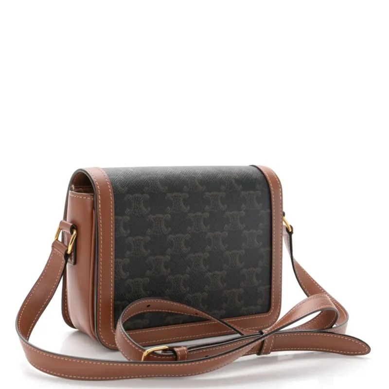 CELINE TEEN TRIOMPHE BAG MEDIUM TAN CALFSKIN LEATHER & TRIOMPHE CANVAS GOLD HARDWARE - Image 3