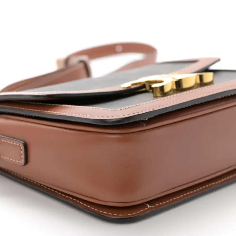 CELINE TEEN TRIOMPHE BAG MEDIUM TAN CALFSKIN LEATHER & TRIOMPHE CANVAS GOLD HARDWARE - Image 4