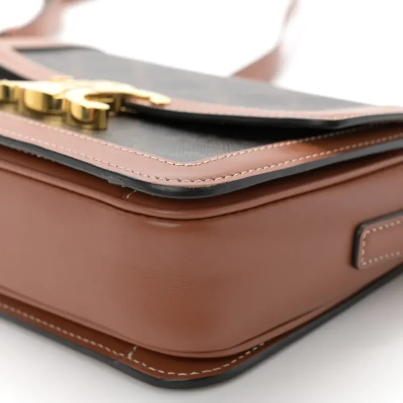 CELINE TEEN TRIOMPHE BAG MEDIUM TAN CALFSKIN LEATHER & TRIOMPHE CANVAS GOLD HARDWARE - Image 5