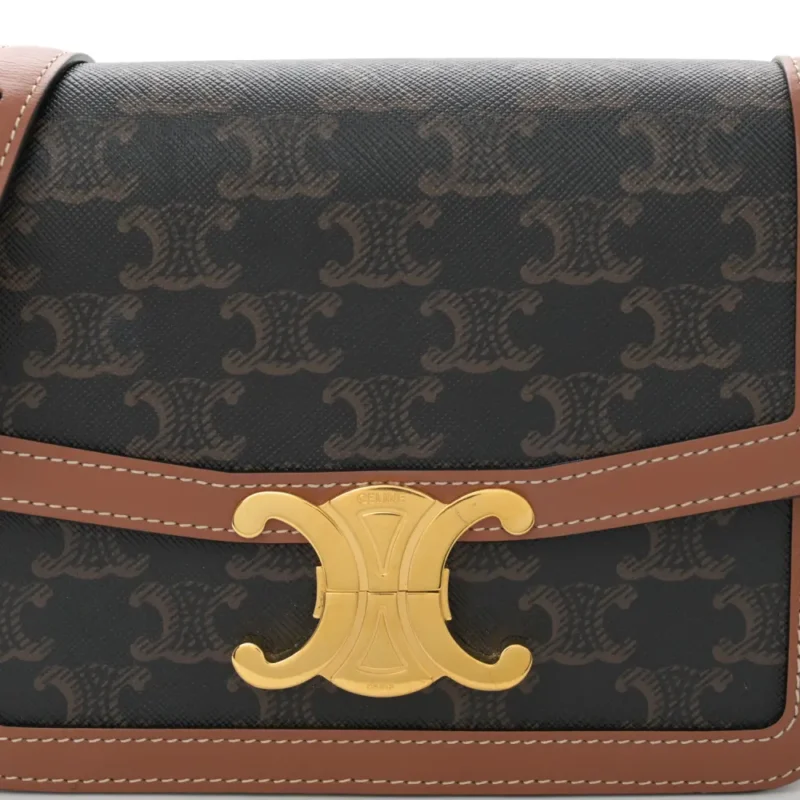 CELINE TEEN TRIOMPHE BAG MEDIUM TAN CALFSKIN LEATHER & TRIOMPHE CANVAS GOLD HARDWARE - Image 8