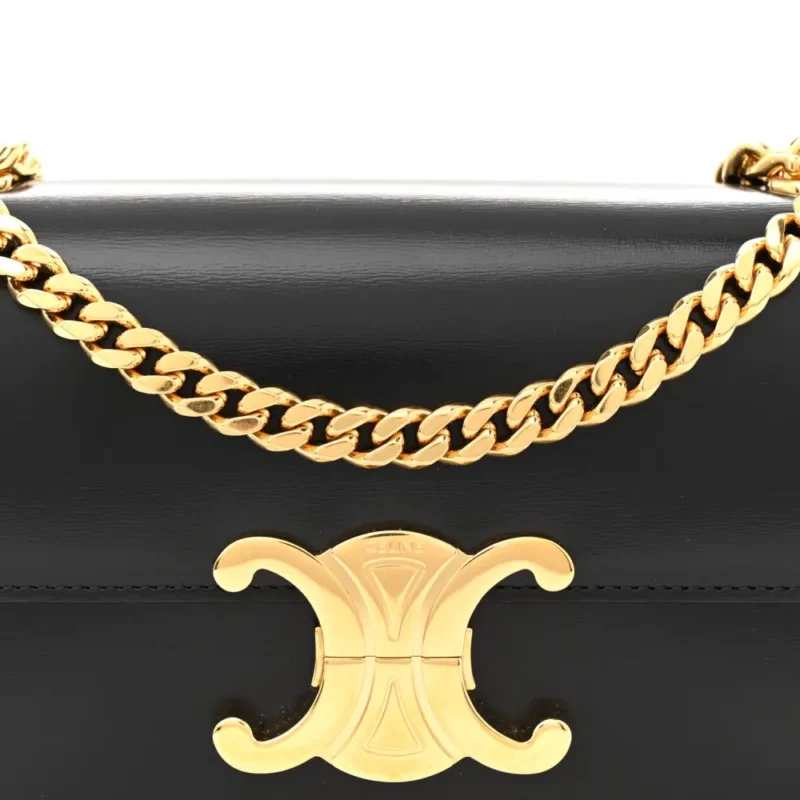 CELINE SMALL TRIOMPHE CHAIN SHOULDER BAG BLACK SHINY CALFSKIN LEATHER GOLD HARDWARE - Image 9