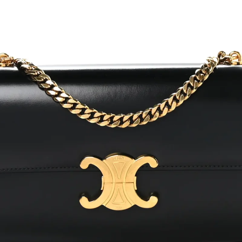 CELINE SMALL TRIOMPHE CHAIN SHOULDER BAG BLACK SHINY CALFSKIN LEATHER GOLD HARDWARE - Image 9