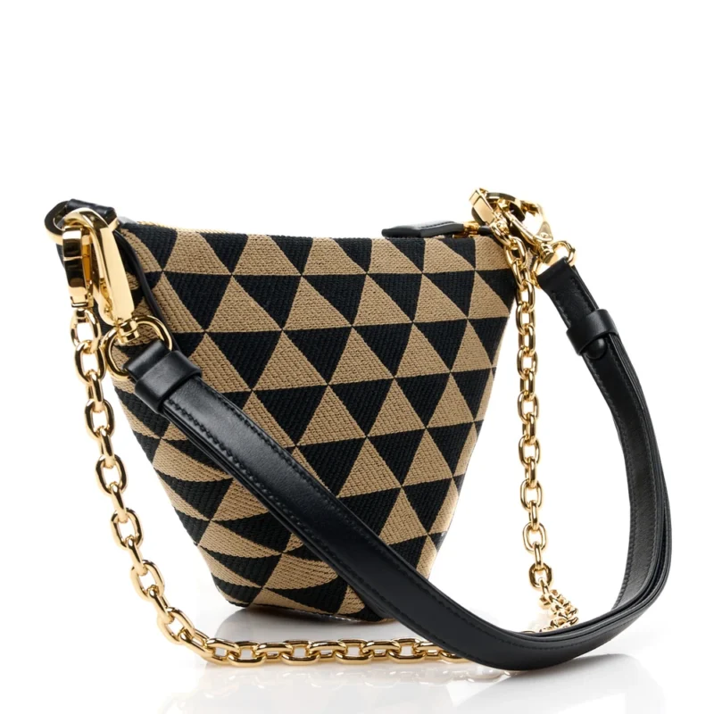PRADA MINI TRIANGOLO SYMBOLE EMBROIDERED TRIANGLE DOUBLE BAG BLACK/CORDA JACQUARD CALFSKIN LEATHER GOLD HARDWARE - Image 3