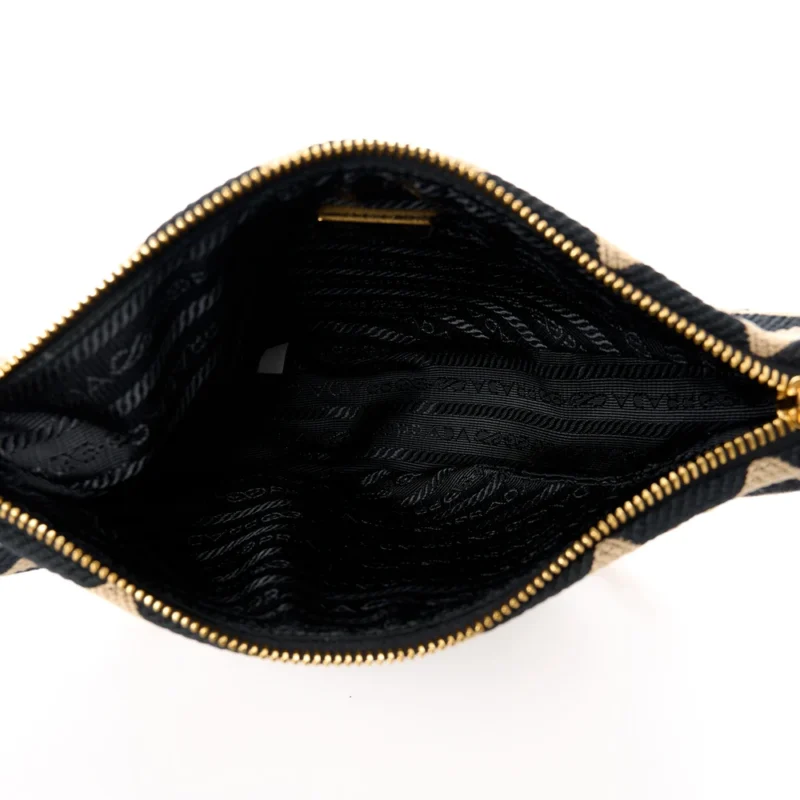 PRADA MINI TRIANGOLO SYMBOLE EMBROIDERED TRIANGLE DOUBLE BAG BLACK/CORDA JACQUARD CALFSKIN LEATHER GOLD HARDWARE - Image 7