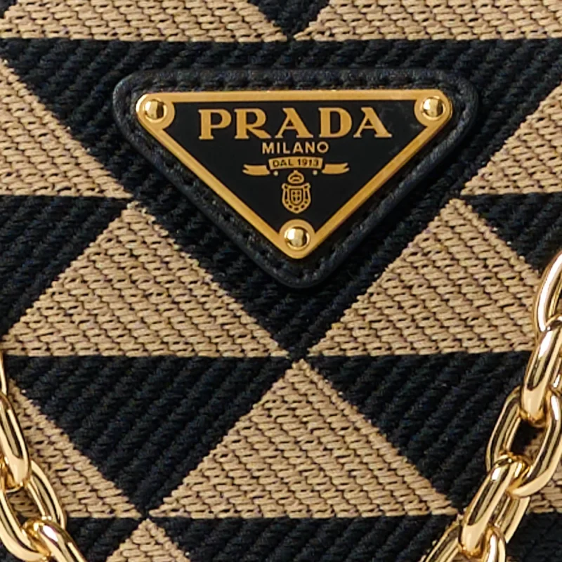 PRADA MINI TRIANGOLO SYMBOLE EMBROIDERED TRIANGLE DOUBLE BAG BLACK/CORDA JACQUARD CALFSKIN LEATHER GOLD HARDWARE - Image 8