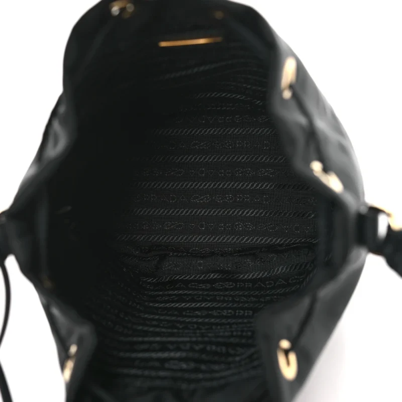 PRADA MINI RE-EDITION 1978 BUCKET BAG BLACK RE-NYLON & SAFFIANO LEATHER GOLD HARDWARE - Image 7